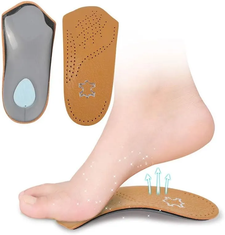 Leather Orthotic Inserts with Metatarsal Pad, 3/4 Arch Support Insoles Shoe and Padding at The Heel for Men and Women (EU43-44/US M10-11, 3/4 Leather Orthotic Inserts)
