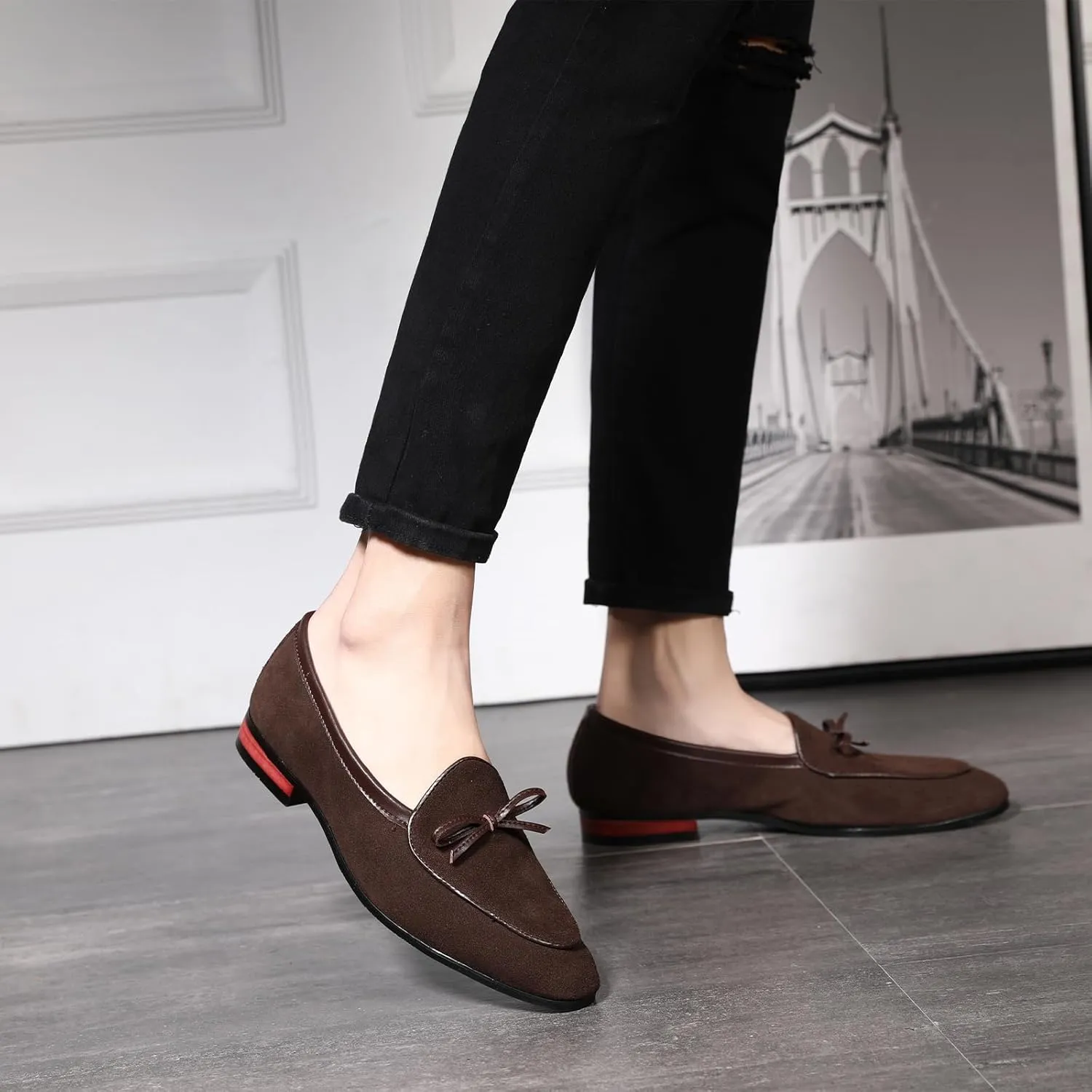 Men's Suede Bow Penny Loafers Casual Driving Slip On Tuxedo Dress Shoes Fashion Wedding Party Prom Shoes