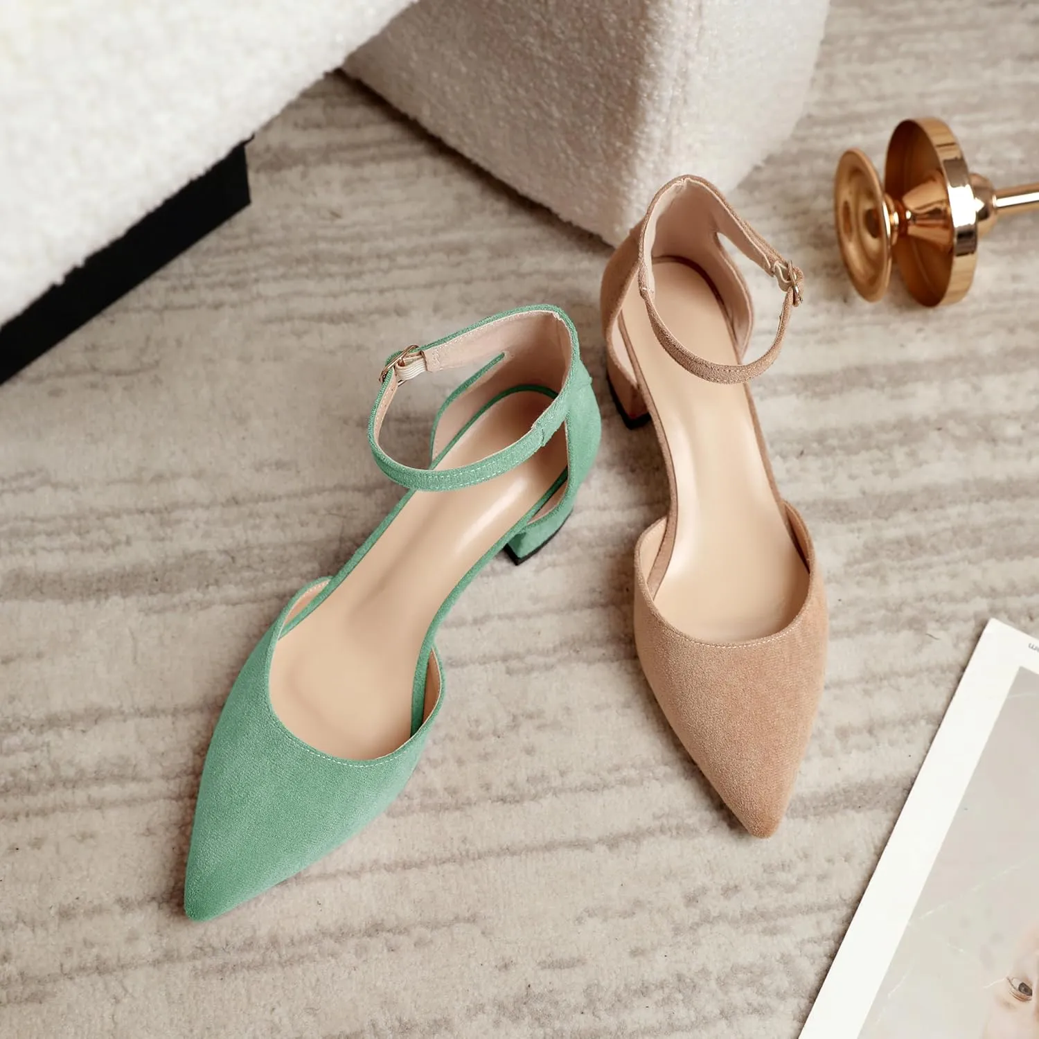 Mettesally Women's Low Block Heels Chunky Heel Closed Pointed Toe D'Orsay Pumps Ankle Strap Heeled Party Dress Shoes