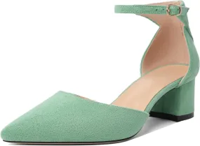 Mettesally Women's Low Block Heels Chunky Heel Closed Pointed Toe D'Orsay Pumps Ankle Strap Heeled Party Dress Shoes