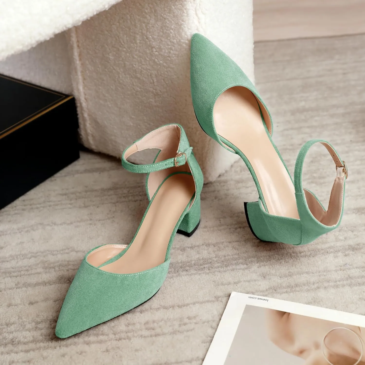 Mettesally Women's Low Block Heels Chunky Heel Closed Pointed Toe D'Orsay Pumps Ankle Strap Heeled Party Dress Shoes