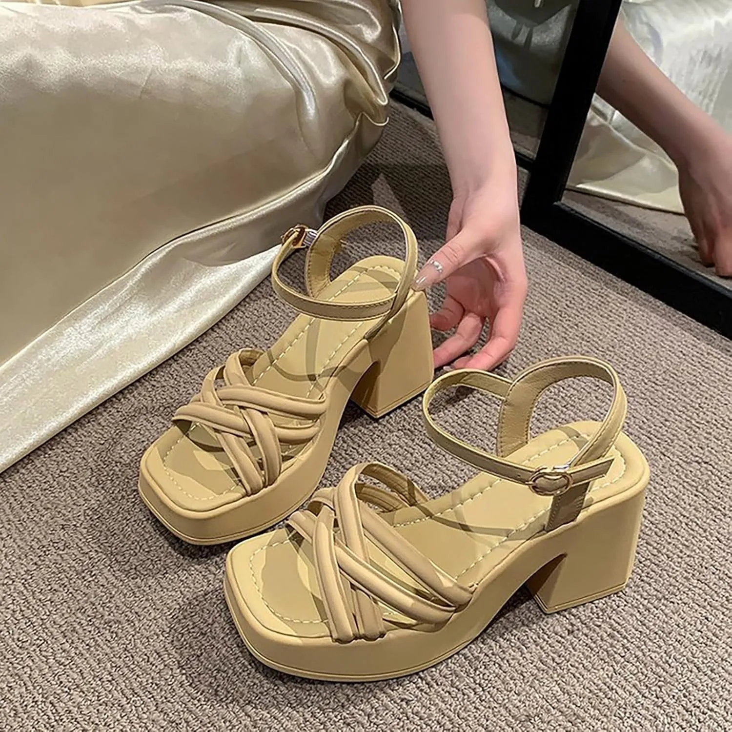 Platform Heels for Women Platform Sandals Chunky Heel Open Toe Pumps Ankle Strap Womens Wedding Party Pumps Shoes
