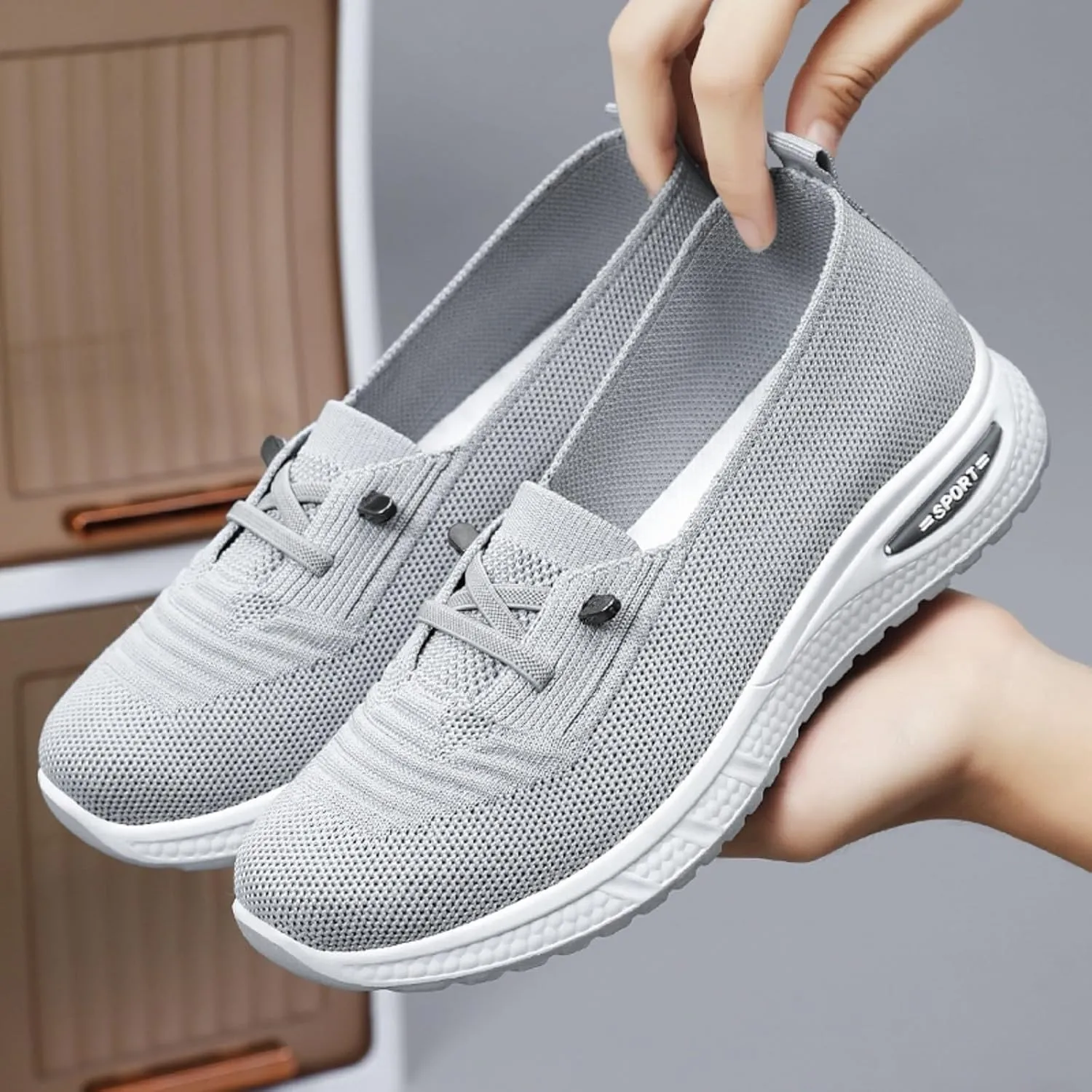 Slip On Orthopedic Shoes for Women Breathable Slip On Arch Support Non-Slip Sneakers Mesh Knitted Woven Low Top Walking Shoes Wide Width Soft Sole Shoe