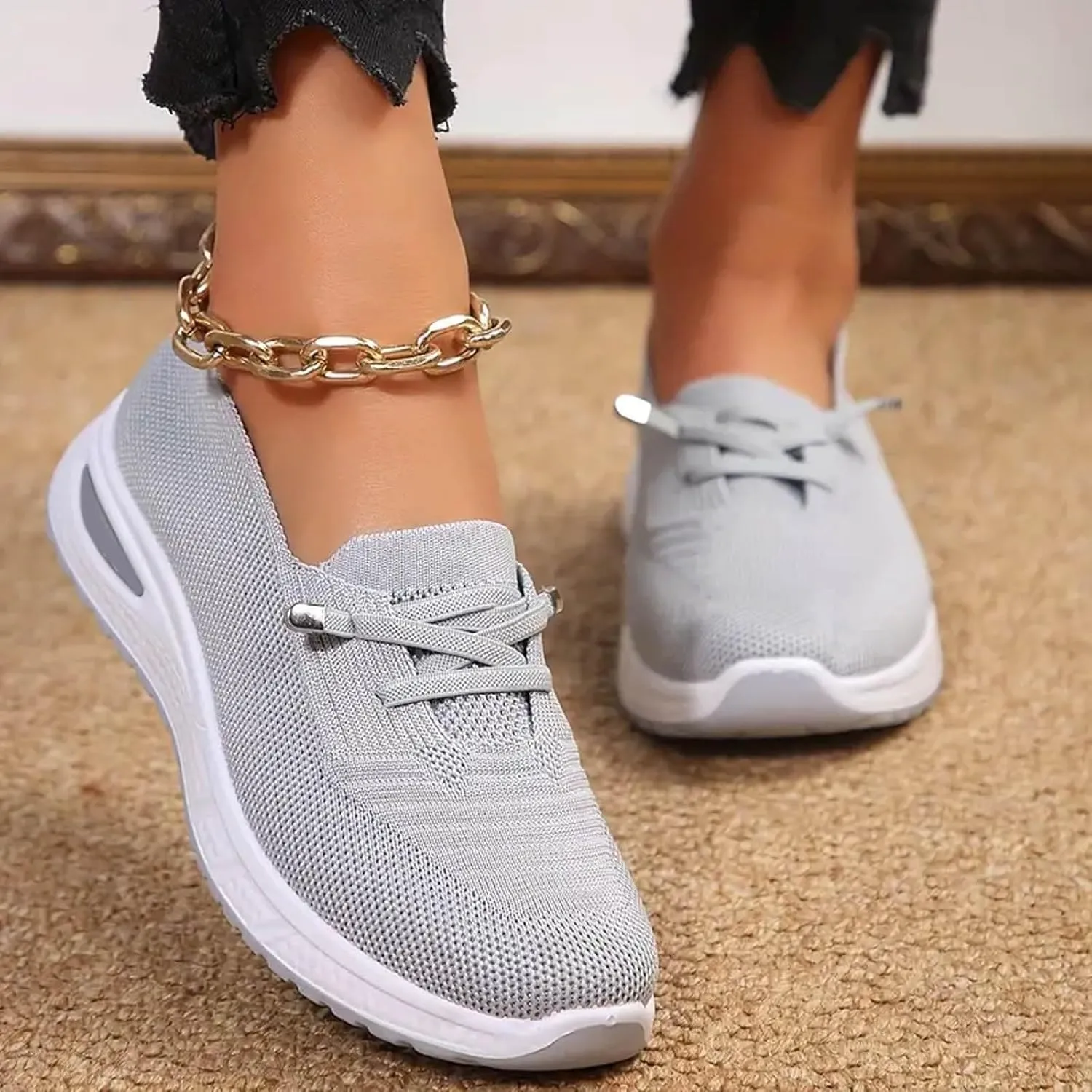 Slip On Orthopedic Shoes for Women Breathable Slip On Arch Support Non-Slip Sneakers Mesh Knitted Woven Low Top Walking Shoes Wide Width Soft Sole Shoe