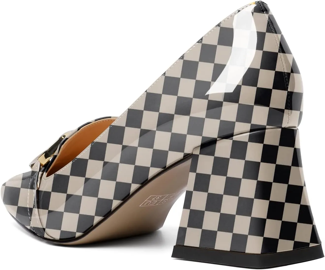 Soireelady Block Heels for Women|Square Toe Chunky Heels| Mid Block Heel Pumps|Retro Metal Chain Heels|Classic Slip-On Loafer Shoes|Dressy Pumps for Party Wedding Evening and Office