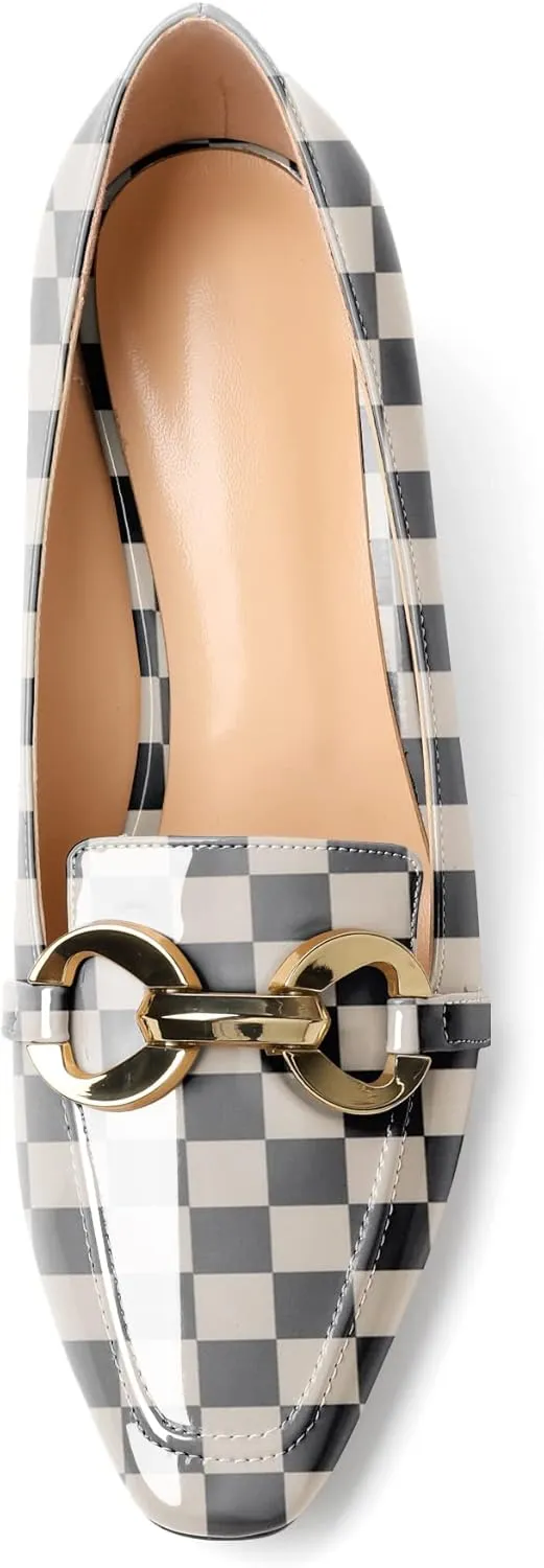 Soireelady Block Heels for Women|Square Toe Chunky Heels| Mid Block Heel Pumps|Retro Metal Chain Heels|Classic Slip-On Loafer Shoes|Dressy Pumps for Party Wedding Evening and Office