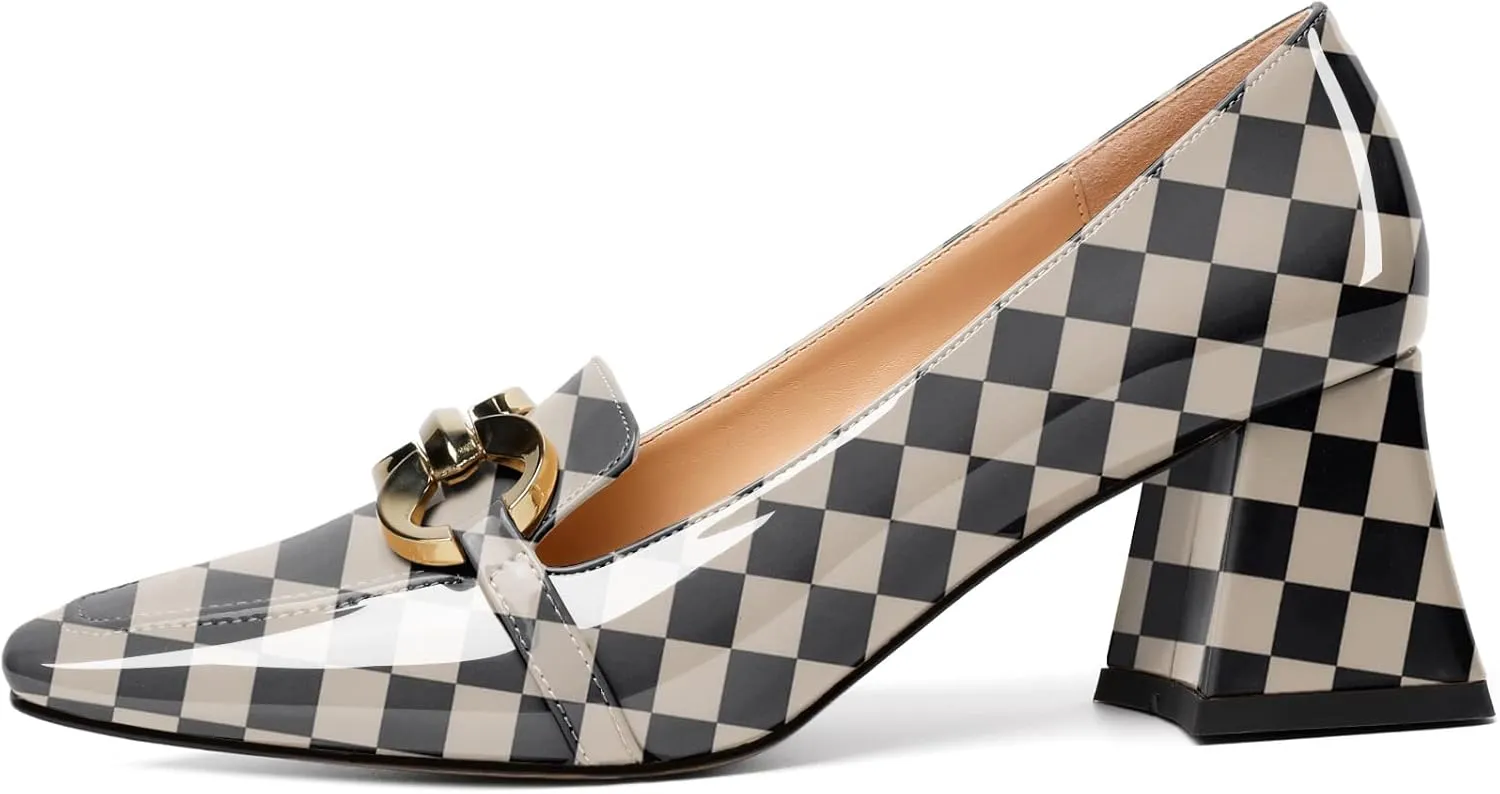 Soireelady Block Heels for Women|Square Toe Chunky Heels| Mid Block Heel Pumps|Retro Metal Chain Heels|Classic Slip-On Loafer Shoes|Dressy Pumps for Party Wedding Evening and Office