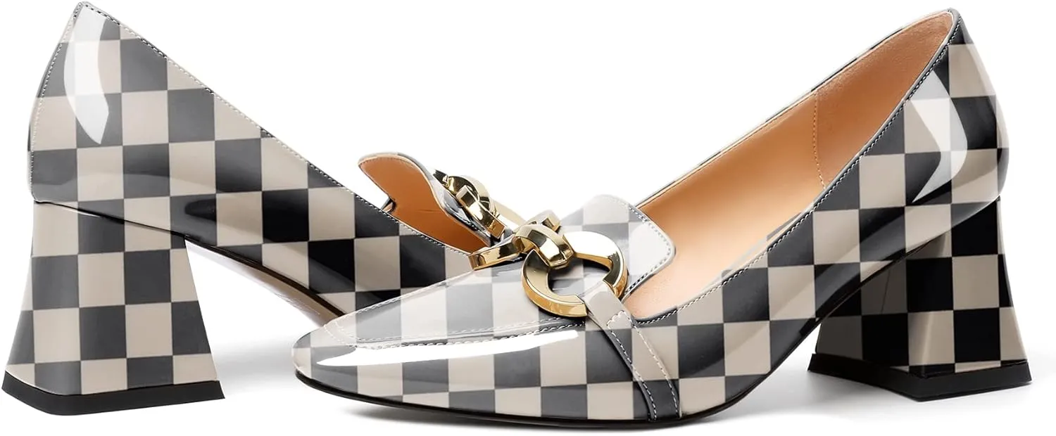 Soireelady Block Heels for Women|Square Toe Chunky Heels| Mid Block Heel Pumps|Retro Metal Chain Heels|Classic Slip-On Loafer Shoes|Dressy Pumps for Party Wedding Evening and Office