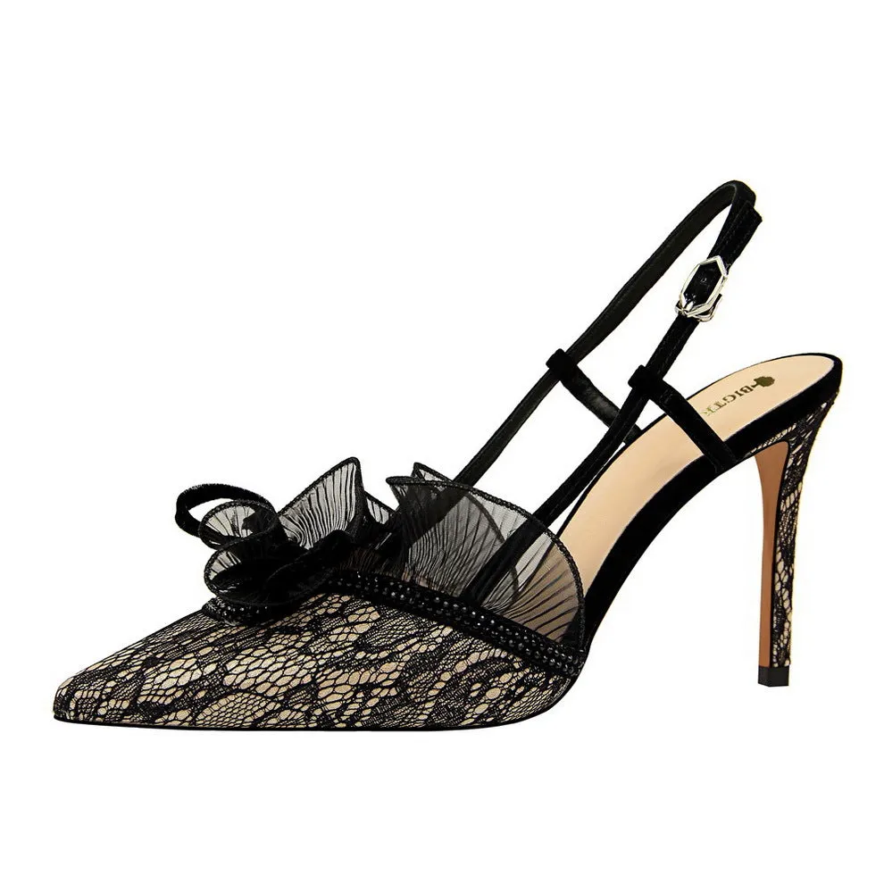 Women's black lace floral closed toe slingback heels | Sexy banquet evening party heels