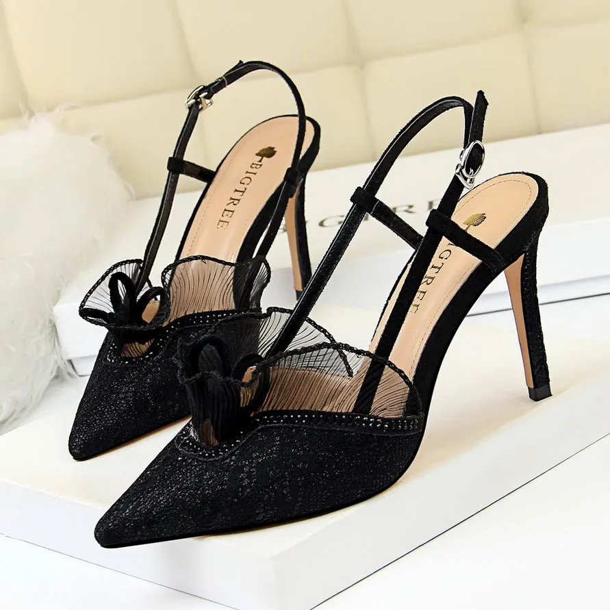 Women's black lace floral closed toe slingback heels | Sexy banquet evening party heels