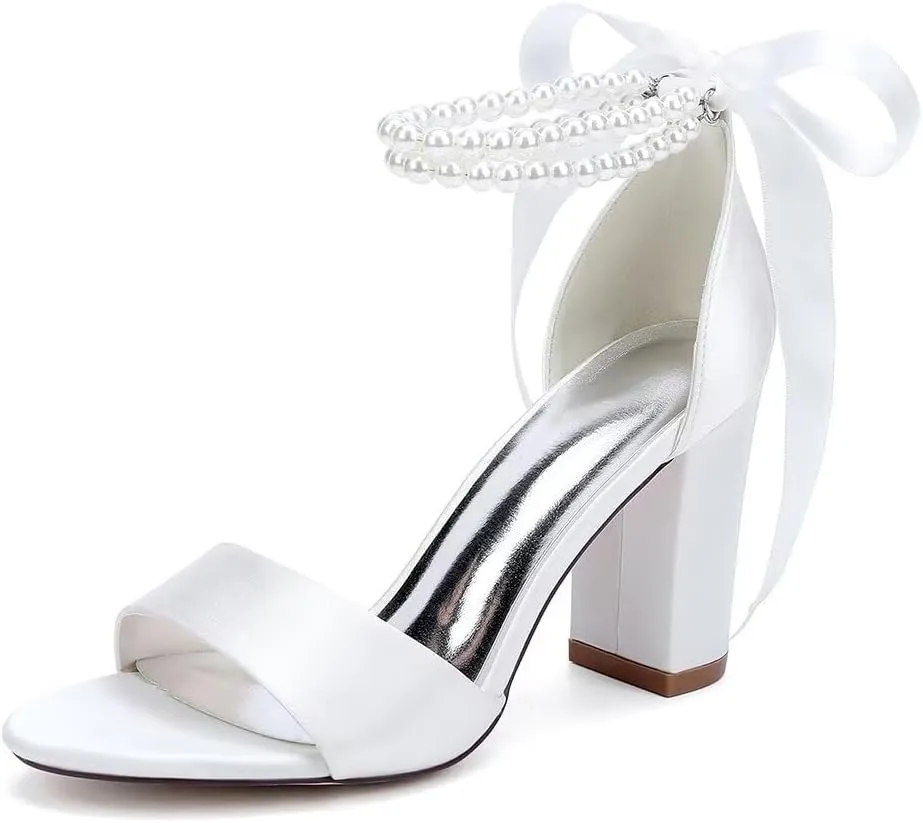 Women's Pearl Chunky Block Sandals for Wedding Shoes for Birde Open Toe Satin Bridal Shoes