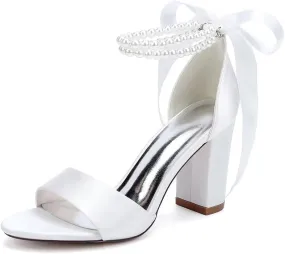 Women's Pearl Chunky Block Sandals for Wedding Shoes for Birde Open Toe Satin Bridal Shoes